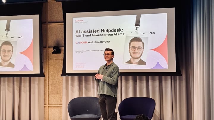Max Kirst presenting AI-assisted helpdesk at CANCOM Workplace Day 2026
